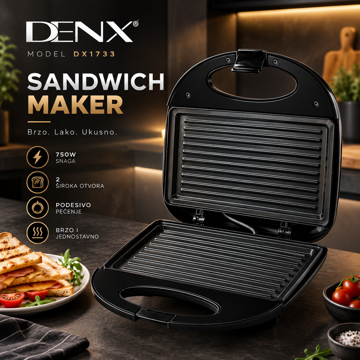 DENX sendvič toster 750W Grill ploče | DX1733