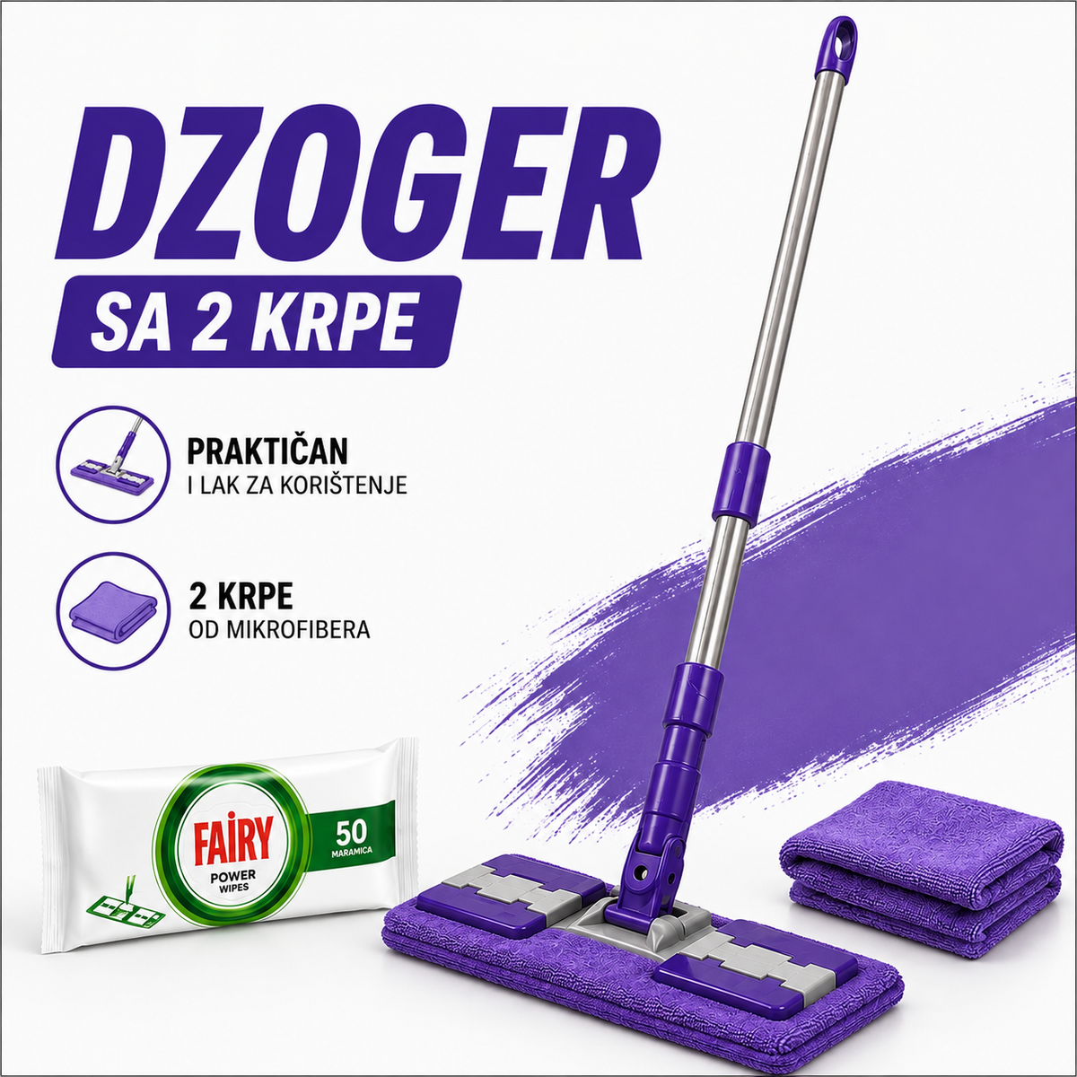 Mop / Džoger + 2 krpe + 50 maramica za mop