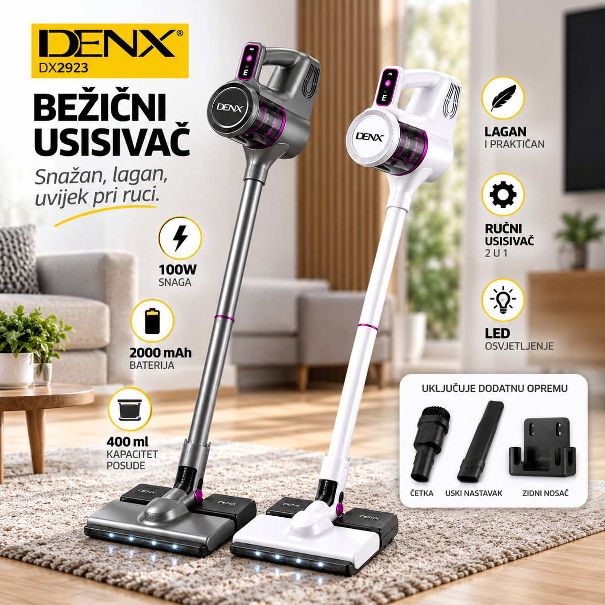 DENX DX2923 bežični usisivač 2u1 100W