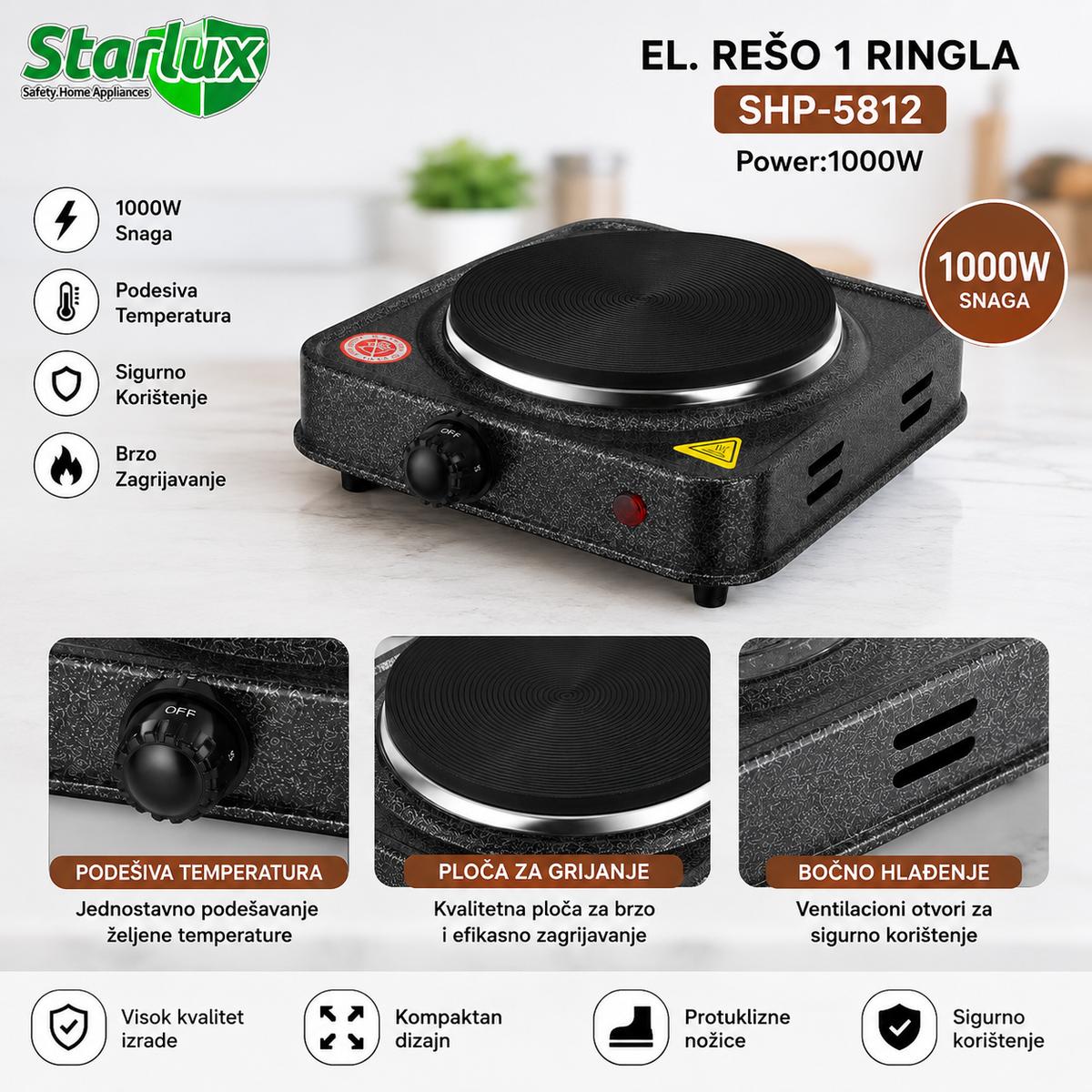 Starlux električni rešo 1000W 1 ringla SHP-5812