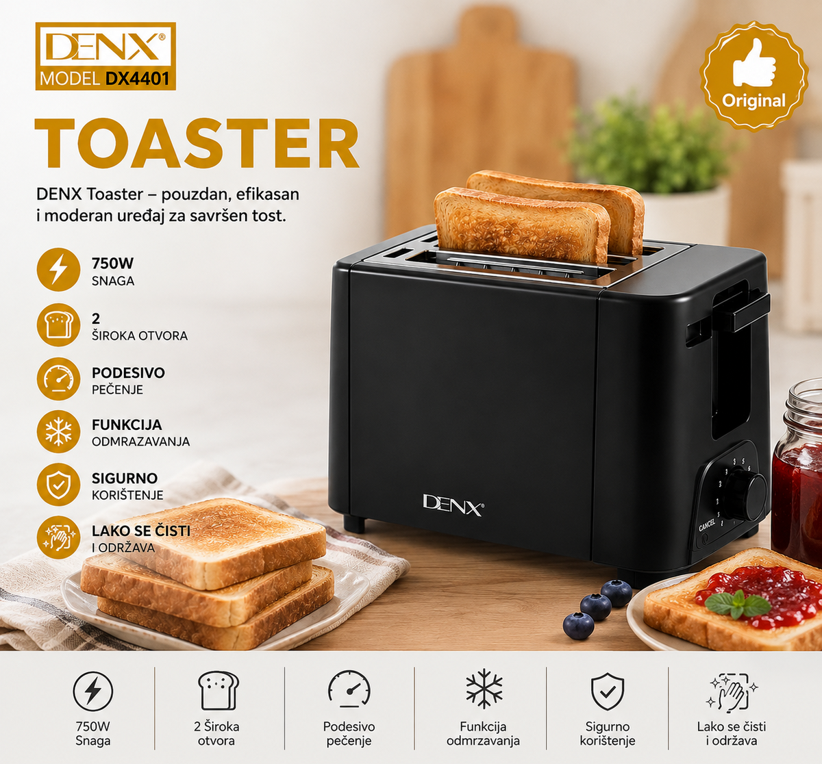 DENX toster 750W sa 2 široka otvora DX4401
