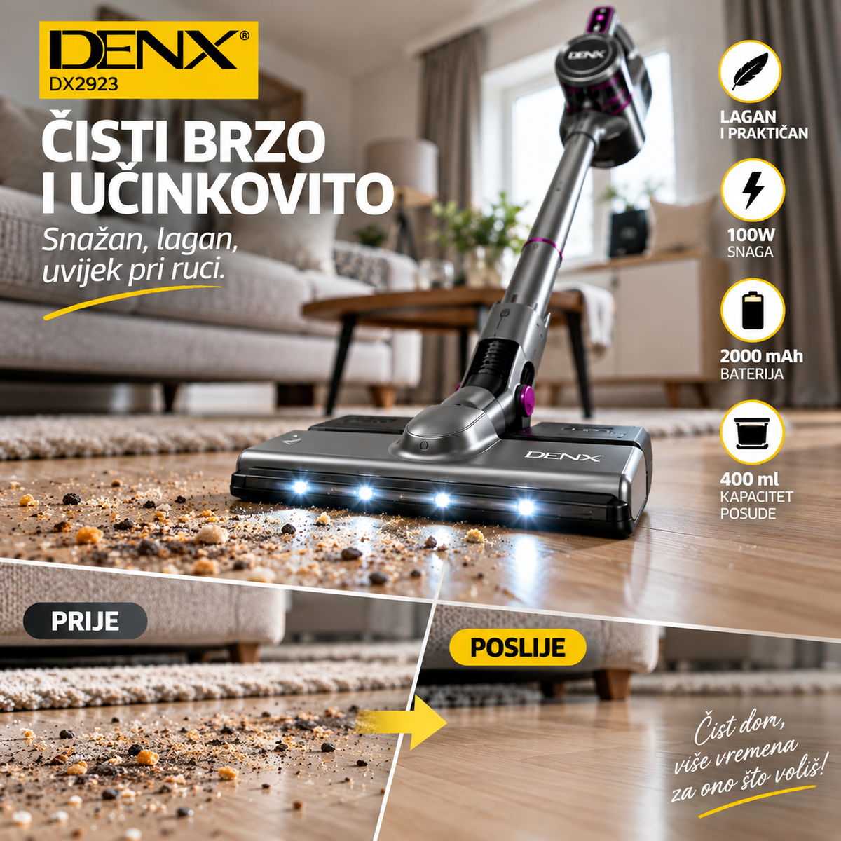 DENX DX2923 bežični usisivač 2u1 100W